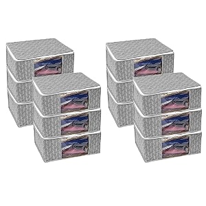 set of 12 non-woven printed saree covercloth storageorganizer with transparent window grey