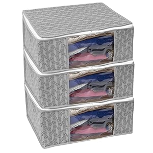 set of 3 non-woven printed saree covercloth storageorganizer with transparent window grey
