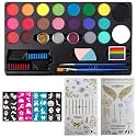 Store2508 Face Body Paint Kit for Kids – 20 Colours Non-Toxic Water Based Face Painting Set with Glitter Hair Chalk Brushes Sponges Stencils and Tattoos – Safe Skin Friendly Washable Paints for Parties Festivals Halloween