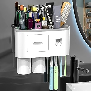 plastic wall mounted toothbrush holder with magnetic cupampautomatic toothpaste dispenser setsuspension rack with storage drawersuitable for family bathroom-no drilling studs 2 cupwhite