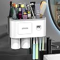 Plastic Wall Mounted Toothbrush Holder With Magnetic Cup&Automatic Toothpaste Dispenser Set,Suspension Rack With Storage Drawer,Suitable For Family Bathroom-No Drilling Studs (2 Cup),White
