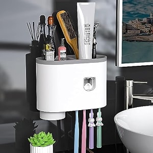 plastic wall mounted toothbrush holder with magnetic cup and automatic toothpaste dispenser set suspension rack storage drawer family bathroom - no drilling studs 3 cup white