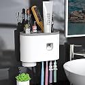 Plastic Wall Mounted Toothbrush Holder With Magnetic Cup And Automatic Toothpaste Dispenser Set. Suspension Rack Storage Drawer- No Drilling Studs (1 Cup, White)