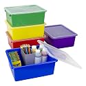 Storex Letter Size Deep Storage Tray – Organizer Bin with Non-Snap Lid for Classroom, Office and Home, Assorted Colors, 5-Pack (62542A05C)