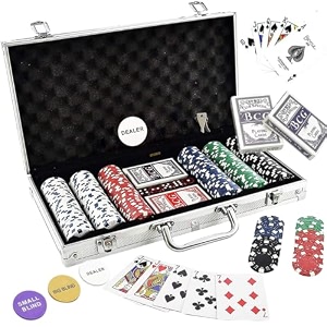 storio casino style 300 chipspcs poker chips set with a aluminum finish case 2 decks of cards 5 dice 1 dealer button for kids