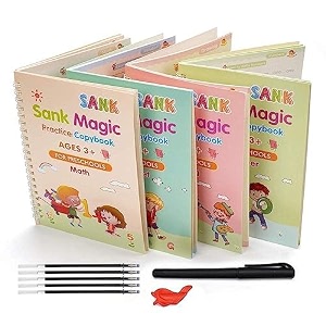 storio sank magic practice copybook 4 book  10 refill 2 pen 2 grip number tracing book for preschoolers with pen magic calligraphy copybook set