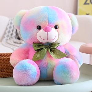 storio rainbow plush teddy bear 30 cm  soft stuffed animal toy with pastel fur amp green bow  cute cuddly gift for kids babies girls amp boys
