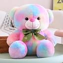 Storio Rainbow Plush Teddy Bear 30 cm – Soft Stuffed Animal Toy with Pastel Fur &amp; Green Bow – Cute Cuddly Gift for Kids, Babies, Girls &amp; Boys