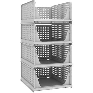 storite foldable wardrobe organizer set of 4  stackable plastic clothes rack for cupboard amp closet storage  shirt t-shirt amp jeans organizer  durable foldable shelf dividers grey 34 x 19 x 44 cm