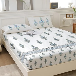 Story@Home 260 TC 100% Cotton Cal King Size Bedsheet, White & Cyan Blue