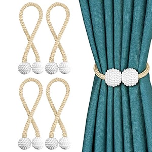 storyhome magnetic curtain tiebacks clips - door window tie backs holders for home office decorative rope holdbacks classic tiebacks pearl design set of 4 165 inch thick cream
