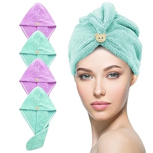 storyhome hair towel for women  400 gsm microfiber towels for hair quick-drying  set of 4 hair towel wrap  66 x 23 cm  green and purple  salon towel  comfortable dry hair cap for every day use