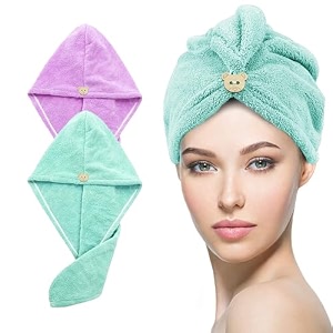 storyhome hair towel for women  400 gsm microfiber towels for hair quick-drying  set of 2 hair towel wrap  66 x 23 cm  green and purple  salon towel  comfortable dry hair cap for every day use