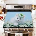 Stove Top Cover for Electric Stove Adorable Kitten Green Hat Clover Sky Blue Heat Resistant Glass Cooktop Protector Flat Top Oven Cover Mat Prevent Scratching 28" x 20"