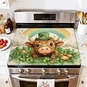 Stove Top Cover for Electric Stove Adorable Highland Cow Green Top Hat Lucky Coins Heat Resistant Glass Cooktop Protector Flat Top Oven Cover Mat Prevent Scratching 28" x 20"