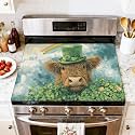 Stove Top Cover for Electric Stove Charming Highland Cow Clover Rainbow Soft Watercolor Heat Resistant Glass Cooktop Protector Flat Top Oven Cover Mat Prevent Scratching 28" x 20"