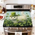 Stove Top Cover for Electric Stove Cute Fluffy Cat Hat Surrounded by Green Clovers Heat Resistant Glass Cooktop Protector Flat Top Oven Cover Mat Prevent Scratching 28" x 20"