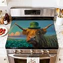Stove Top Cover for Electric Stove Highland Cow Surrounded by Clover Sparkling Coins Heat Resistant Glass Cooktop Protector Flat Top Oven Cover Mat Prevent Scratching 28" x 20"