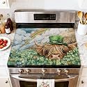 Stove Top Cover for Electric Stove Magical Highland Cow Vibrant Clover Glowing Rainbow Art Heat Resistant Glass Cooktop Protector Flat Top Oven Cover Mat Prevent Scratching 28" x 20"