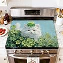 Stove Top Cover for Electric Stove Playful White Kitten Green Hat Among Clover Field Art Print Heat Resistant Glass Cooktop Protector Flat Top Oven Cover Mat Prevent Scratching 28" x 20"