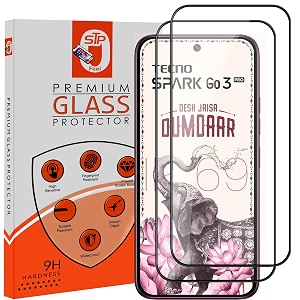stp feel premium hd tempered glass screen protector guard compatible for tecno spark go 3 pro 5g 678 inch pack of 2  edge to edge coverage with easy to installation kit for smartphone