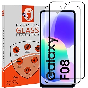 stp feel premium hd tempered glass screen protector guard compatible for samsung galaxy f08 67 inch pack of 2  edge to edge coverage with easy to installation kit for smartphone