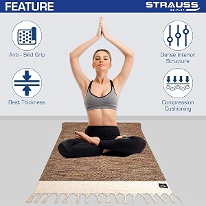 strauss cotton yoga mat with carry bag for women and men  exercise mat for home workout anti slip fitness mat  washable breathable sweat absorbent amp eco-friendly material - 2x6ft multicolor
