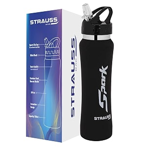 strauss spark stainless-steel bottle  leak-proof water bottle  water bottle for travel hiking trekking home office amp school  non-toxic amp bpa free steel bottles  750 mlrubber finish black