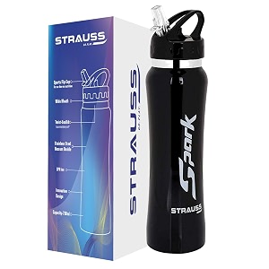 strauss spark stainless-steel bottle  leak-proof water bottle  water bottle for travel hiking trekking home office amp school  non-toxic amp bpa free steel bottles  750 mlmetal finish black