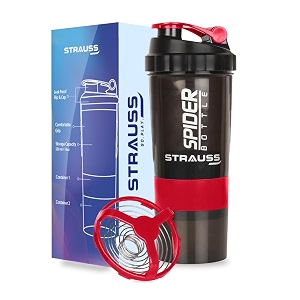 strauss spider gym shaker bottle  shakers for protein shake with 2 storage compartment  leakproof gym protein shaker for post and pre-workout drink  100 bpa free 500 ml pack of 1red