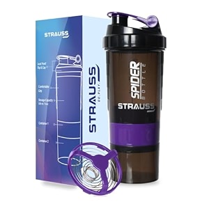 strauss spider gym shaker bottle  shakers for protein shake with 2 storage compartment  leakproof gym protein shaker for post and pre-workout drink  100 bpa free 500 ml pack of 1purple