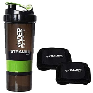 strauss spider shaker bottle 500ml green and wrist support pair free size black