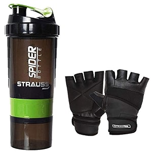 strauss spider shaker bottle 500ml green and leather gym gloves with wrist wrap medium