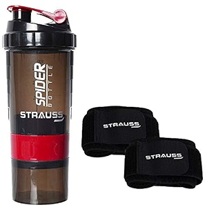 strauss spider shaker bottle 500mlred and wrist support pair free size black