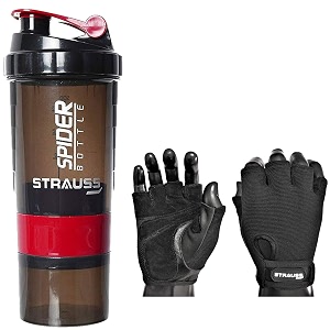 strauss spider shaker bottle 500mlred and stretch-back gym gloves with leather palm medium