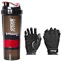 Strauss Spider Shaker Bottle 500ml,(Red) and Stretch-Back Gym Gloves with Leather Palm, (Medium)