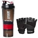 Strauss Spider Shaker Bottle 500ml,(Red) and Leather Gym Gloves with Wrist Wrap (Medium)