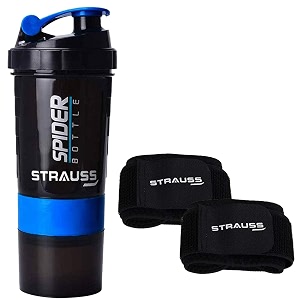 strauss spider shaker bottle 500mlsky blue and wrist support pair free size black