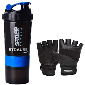 strauss spider shaker bottle 500mlsky blue and leather gym gloves with wrist wrap medium