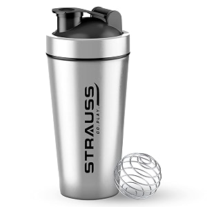 strauss stainless steel water bottle for pre-post workoutprotein shaker bottle with blending wheel bpa freewater bottle for school office home gymleakproof with knob 900ml  silver  set of 1