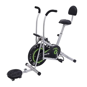 strauss stayfit exercise bike with back support and twister  adjustable resistance with cushioned seat and lcd monitor  fitness cycle for home gym max weight 120kg green