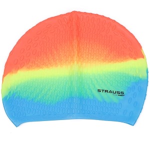 strauss latest designed swimming cap  keeps hair clean  suitable for long and short hair  swimming head cap with breathable fabric  waterproof swim cap for adult woman and menorange mix color