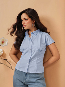 STREET9 Women Solid Casual Blue Shirt