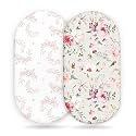 Stretch Ultra Soft Fitted Bassinet Sheet Set 2 Pack, Universal Fit for Bassinets Baby Cradle Moses Basket Oval Rectangle Mattress Safe and Snug, Beautiful Flowers and Insects Pattern for Baby Girls