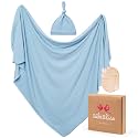 Stretchy Swaddle Blanket for Newborns with Hat &amp; Hello World Card–Soft Baby Swaddles 0-3 Months,47"x 47"Supersoft Swaddle Blanket,Receiving Blanket for Boys &amp; Girls (Fog)
