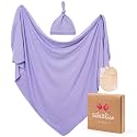 Stretchy Swaddle Blanket for Newborns with Hat & Hello World Card–Soft Baby Swaddles 0-3 Months,47"x 47"Supersoft Swaddle Blanket,Receiving Blanket for Boys & Girls (Taro)