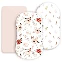 Stretchy Ultra Soft Bassinet Fitted Sheets 3 Pack, Universal Fitted for Bassinets Oval Rectangle Mattress, Pretty Bassinet Sheets for Baby Girls, Watercolor Rose Flora Orange Pink