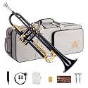 STRICH Bb Standard Trumpet Set for Beginners, Brass Student Trumpet Instrument with Hard Case, Cleaning Kit, 7C & 3C Mouthpieces, Gloves, STR-130B, Black