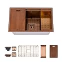 Strictly Sinks Undermount Workstation Kitchen Sink – 32 Inch 16 Gauge Embossed Leather Texture Copper Kitchen Sink with Grid, Wood Cutting Board, Colander,1 Strainer Drain &amp; 1 Garbage Disposal Adapter