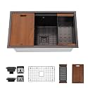 Strictly Sinks Undermount Workstation Kitchen Sink – 32 Inch 16 Gauge Embossed Leather Texture Black Kitchen Sink with Grid, Wood Cutting Board, Colander, 1 Strainer Drain &amp; 1 Garbage Disposal Adapter